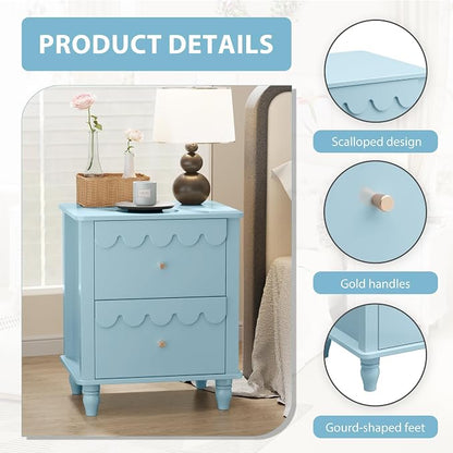Anbuy Blue Nightstand Set of 2 with Petal Pattern, Modern Night Stand Set 2 with 2 Drawers for Bedroom, Side End Table Scalloped Bedside Night Tables with Solid Wood Legs