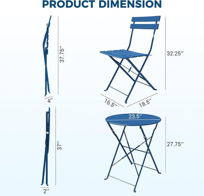 Grand patio 3-Piece Folding Bistro Set, 2 Chairs and 1 Table, Weather-Resistant Outdoor/Indoor Conversation Set for Patio, Yard, Garden -Peacock Blue