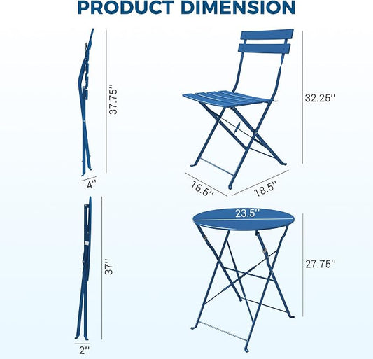 Grand patio 3-Piece Folding Bistro Set, 2 Chairs and 1 Table, Weather-Resistant Outdoor/Indoor Conversation Set for Patio, Yard, Garden -Peacock Blue