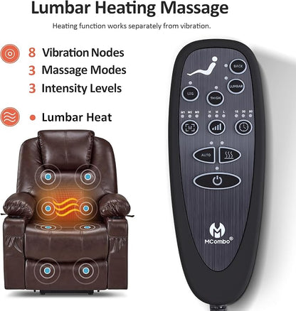 MCombo Large Power Lift Recliner Chair with Massage and Heat for Tall Elderly People, 3 Positions, Cup Holders, and USB Ports, Faux Leather 7516 (Large, Dark Brown)