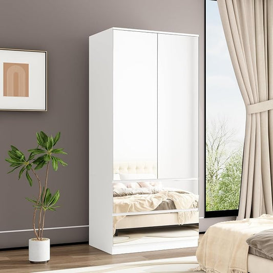 FUFU&GAGA Wardrobe with Mirror Doors, White Bedroom Armoire with 2 Drawers, Hanging Rod, Mirrored Closet Modern Clothes Storage Cabinet for Bedroom Cloakroom, 31.5”W x 19.7”D x 70.9”H