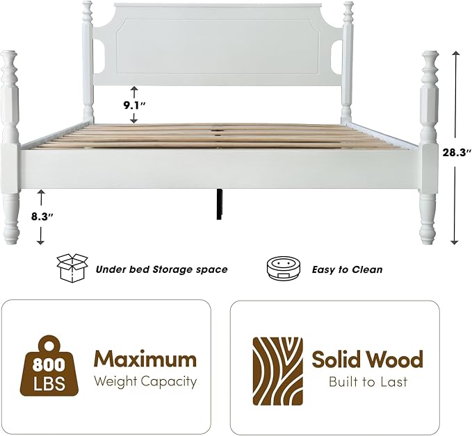 Solid Wood Queen Size Platform Frame, Headboard & Footboard, No Box Spring Needed, 12 Wooden Slats, Center Metal Legs, Slip-Free, Simple Assembly, Under Bed Storage, Pure White Finish, ROQ-39