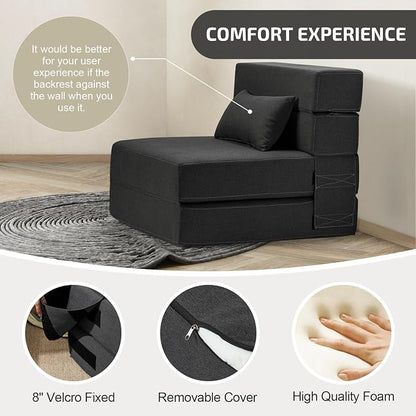 SUYOLS Folding Sofa Bed with Pillow- Convertible Chair Floor Couch & Sleeping Mattress, Foldable Memory Foam Sleeper for Living Room/Dorm/Guest Room/Home Office/Apartment/Loft, Single28, Dark Gray