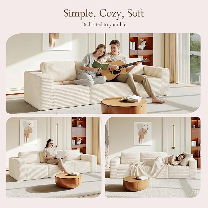 Vesgantti 119" Modular Sectional Sofa, Corduroy Cloud Couch with Deep Seating & Spring Support, 3 Seater Flexible Layout Sofa, Boneless Couch for Living Room & Apartment, No Assembly Required, Beige