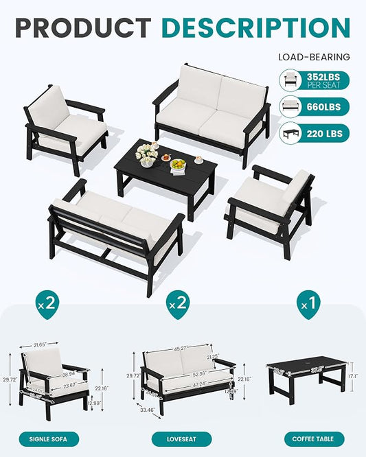 SERWALL HDPE Patio Furniture Set, 5 Piece All Weather Wood-Like Sectional Outdoor Furniture Set, Black Patio Sofa Couch with Khaki Cushions for Deck, Lawn