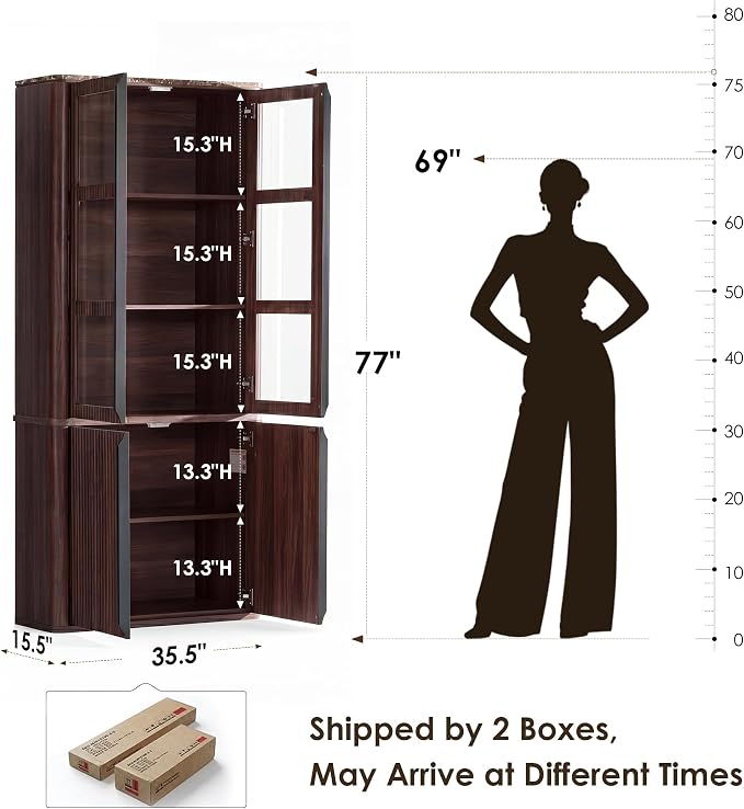 77" Tall Storage Cabinet - Fluted Pantry Cabinets with Glass Doors, Wooden Kitchen Food Cupboard, Adjustable Shelves, Modern Display Storage Closet for Living Room, Dining Room, Office, Brown 1pc