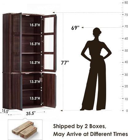 77" Tall Storage Cabinet - Fluted Pantry Cabinets with Glass Doors, Wooden Kitchen Food Cupboard, Adjustable Shelves, Modern Display Storage Closet for Living Room, Dining Room, Office, Brown 1pc