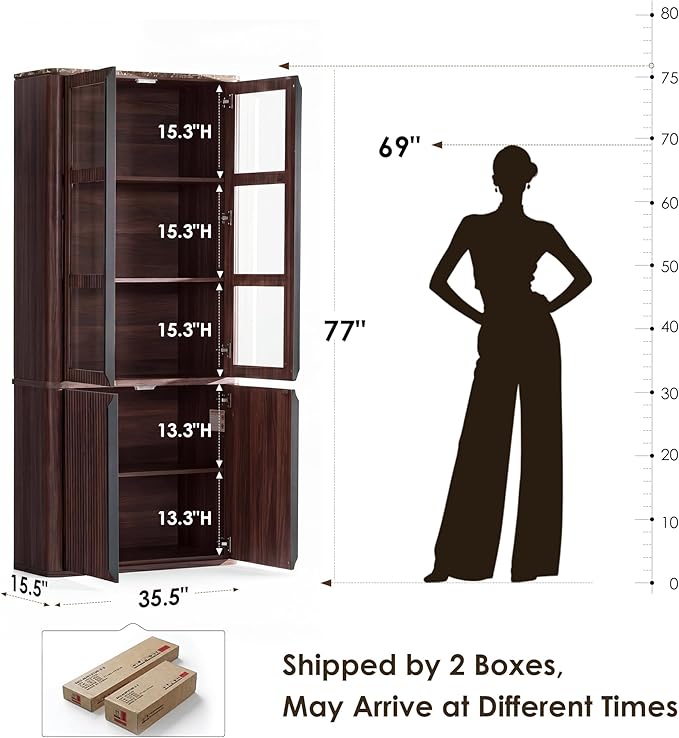 77" Tall Storage Cabinet - Fluted Pantry Cabinets with Glass Doors, Wooden Kitchen Food Cupboard, Adjustable Shelves, Modern Display Storage Closet for Living Room, Dining Room, Office, Brown 2pcs