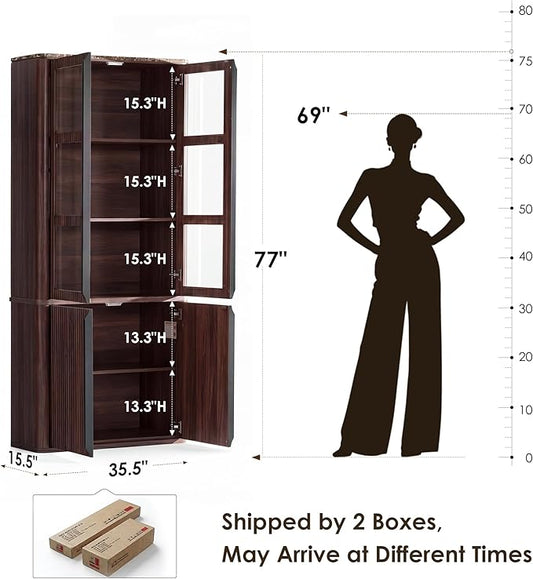 77" Tall Storage Cabinet - Fluted Pantry Cabinets with Glass Doors, Wooden Kitchen Food Cupboard, Adjustable Shelves, Modern Display Storage Closet for Living Room, Dining Room, Office, Brown 2pcs