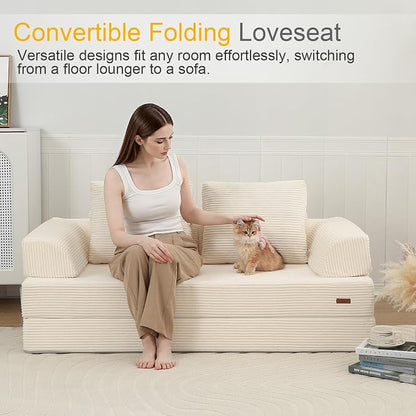 COMAX Futon Sofa Bed, Convertible Sofa Bed, Folding Boneless Couches | Boneless Couch for living room, 4‑in‑1 Fold Out Small Foldable Loveseat Floor Sleeper Mattress Lounge Space‑Saving, Beige