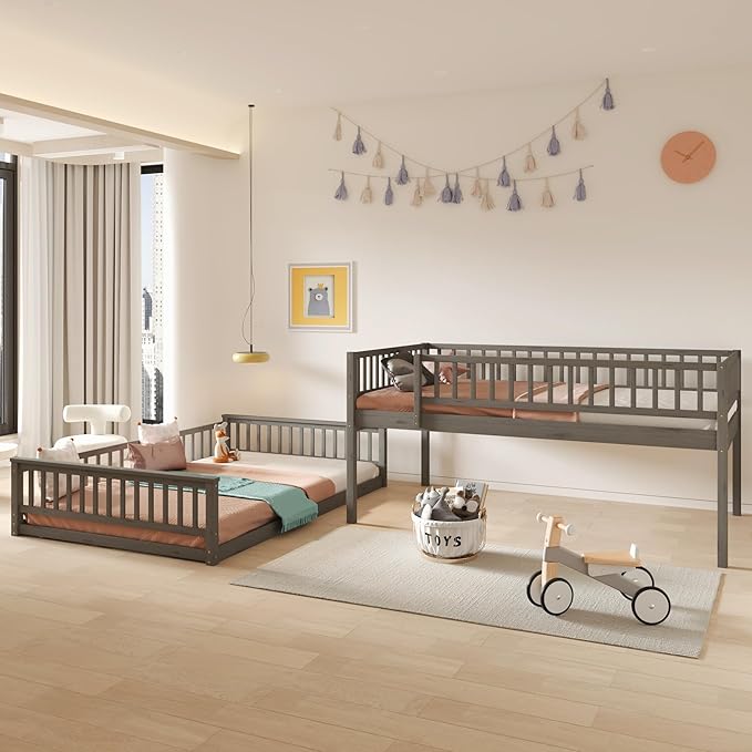 Full XL Over Queen Bunk Bed with Safety Guardrails, Solid Wood Floor Bunk Bed Frame with Sturdy Slat Support for Kids Teens Adults, Detachable Design (Grey-tra)