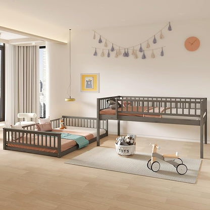 Full XL Over Queen Bunk Bed with Safety Guardrails, Solid Wood Floor Bunk Bed Frame with Sturdy Slat Support for Kids Teens Adults, Detachable Design (Grey-tra)