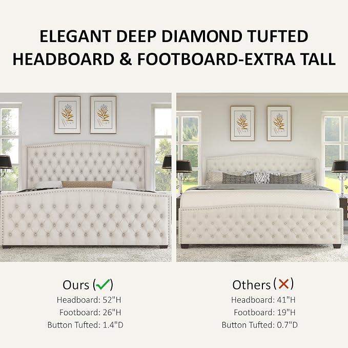 AMERLIFE California King Size Platform Bed Frame, Velvet Upholstered Bed with Deep Button Tufted & Nailhead Trim Wingback Headboard/No Box Spring Needed, Cream