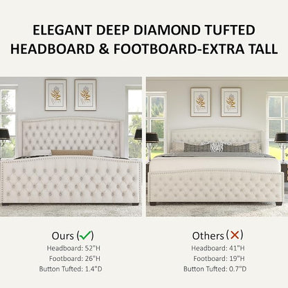 AMERLIFE California King Size Platform Bed Frame, Velvet Upholstered Bed with Deep Button Tufted & Nailhead Trim Wingback Headboard/No Box Spring Needed, Cream