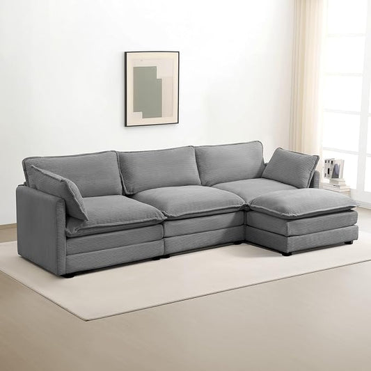 ROWHY 112'' Modular Sectional Cloud Couch with Movable Ottoman, 4 Seat Modern Corduroy Sofa with 2 Throw Pillows, Comfy Deep Seat L Shaped Couches for Living Room Bedroom Apartment, Dark Grey