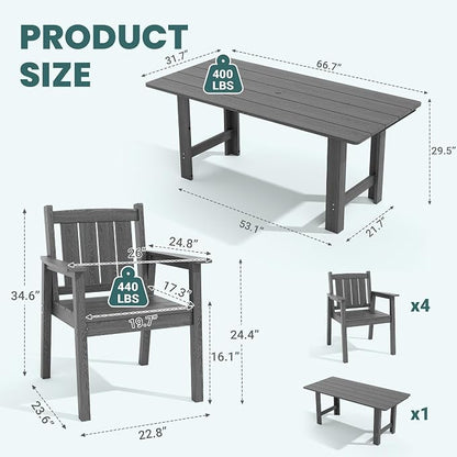 Pamapic 5-Piece Outdoor Dining Set, HDPE Outdoor Rectangular Table and 4 Chairs, Wood Grain Patio Furniture Sets with Armrest, All-Weather Patio Dining Table with Umbrella Hole, Gray