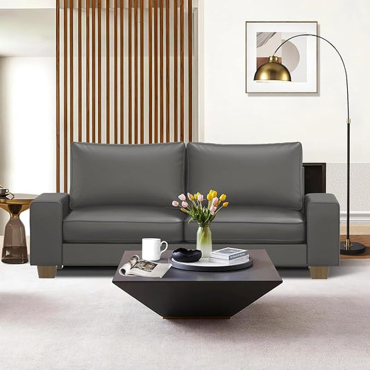 Valthie Faux Leather Couch, Mid Century Modern Comfy Loveseat Sofa with Wide Arm, Side Pockets, Solid Wooden Frame for Office, Living Room and Bedroom, 3 Seater (Gery, 88.58 inches)