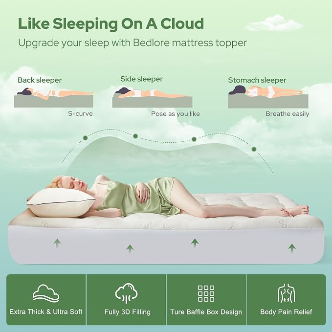 BEDLORE Full Size Mattress Topper Viscose Derived from Bamboo, Thick Pillow Top Mattress Pad with Stretchable Pockets for 6-15 inches Mattress, Breathable Mattress Topper for Back Pain Relief