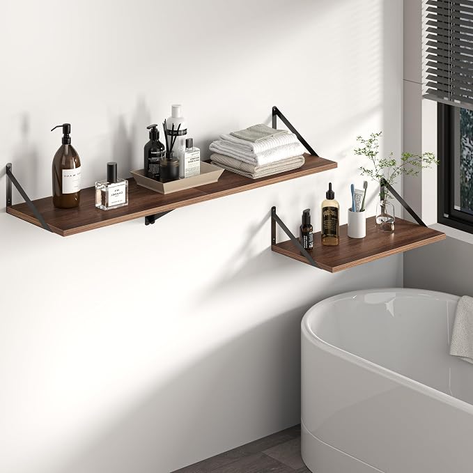 Heimlove 12 Inch Deep Floating Shelves for Wall, 28W x 12D Wood Wall Shelves Set of 2, Walnut Wide Floating Bookshelf for Living Room, Kitchen, Office, Bedroom, with Black Metal Bracke - Walnut