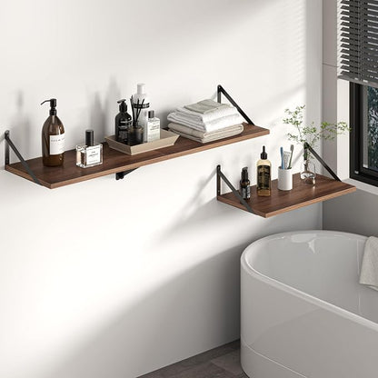 Heimlove 12 Inch Deep Floating Shelves for Wall, 28W x 12D Wood Wall Shelves Set of 2, Walnut Wide Floating Bookshelf for Living Room, Kitchen, Office, Bedroom, with Black Metal Bracke - Walnut