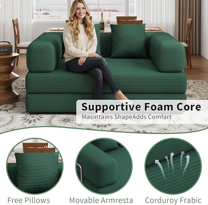 4 in 1 Convertible Sofas Boneless Couches with 2 Pillow, Modern Corduroy Futon Bed, Modular Queen Sofa with Pull-Out Bed, LoveSeat for Living Room, Small Space Apartment (Green, 53.15"Double Sofa)