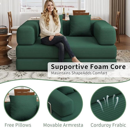4 in 1 Convertible Sofas Boneless Couches with 2 Pillow, Modern Corduroy Futon Bed, Modular Queen Sofa with Pull-Out Bed, LoveSeat for Living Room, Small Space Apartment (Green, 53.15"Double Sofa)