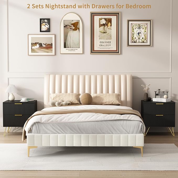 7 Drawer Dresser and Nightstand Sets for Bedroom, 3 Pcs Bedroom Set，Night Stand Set of 2 & 7 Drawer Dresser with Gold Handles, Modern Wood Chest of Drawers Storage Cabinet Set, Black