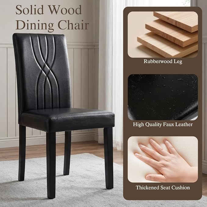 LSSBOUGHT Modern Dining Chair Set of 4,Urban Style Leather Kicthen Chairs with Solid Wood Legs for Dining Room and Restaurant (Black-Quilted backrest)
