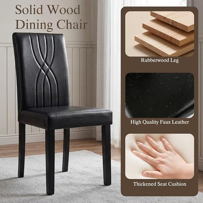 LSSBOUGHT Modern Dining Chair Set of 2,Urban Style Leather Kicthen Chairs with Solid Wood Legs for Dining Room and Restaurant (Black-Quilted backrest)