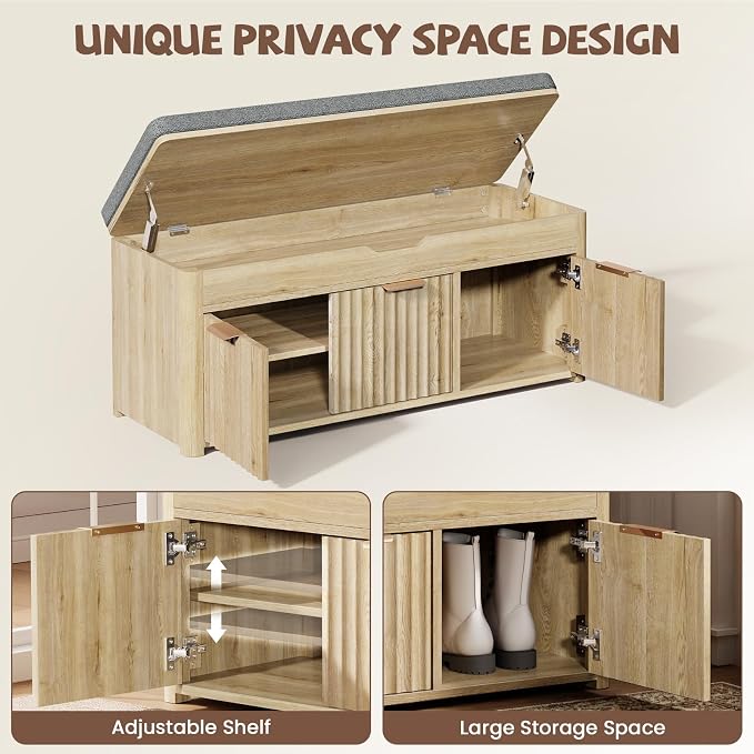Shoe Bench with Storage - Lift Top Entryway Bench with Hidden Storage, Shoe Rack with Adjustable Shelves and Cushioned Seat, Wooden End of Bed Bench for Bedroom, Living Room and Hallway,Nature