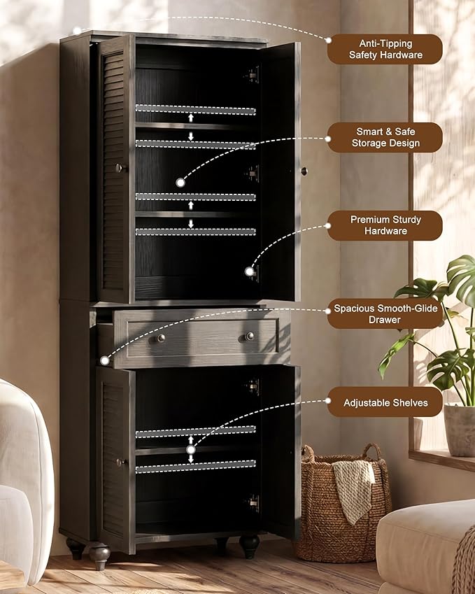 80" Tall Kitchen Pantry Cabinet, Farmhouse Storage Cabinets | Louvered Doors and Adjustable Shelves, Freestanding Storage, Dining Room, Living Room, Home Office, Bathroom, Black