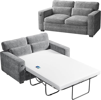Marsail Pull Out Sofa Bed, Full Size Sleeper Sofa with Memory Foam Mattress, 2 USB Charging and Removable Covers, Loveseat for Living Room, Apartment, Supports 600 LBS, Chenille Fabric, Grey