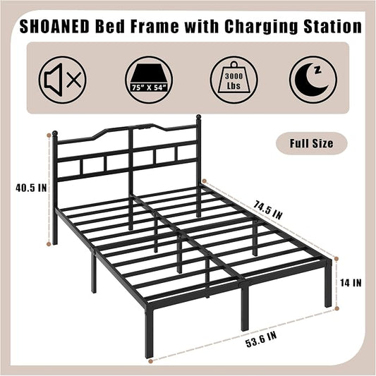 SHOANED 14 Inch Metal Bed Frame - Full Size Heavy Duty Bedframe with Charging Station & Headboard Basic Steel Slats Platform No Box Spring Needed/Easy Assembly/Noise Free