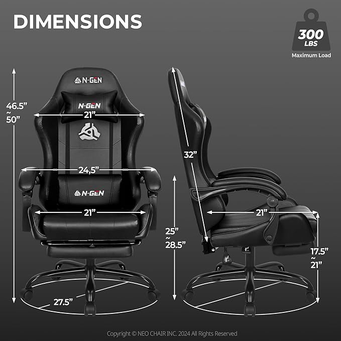 N-GEN GAMING Video Gaming Chair with Footrest Lumbar Support for Home Office High Back Recliner Height Adjustable Ergonomic Comfy Leather Computer Desk Chair (Deep Black)