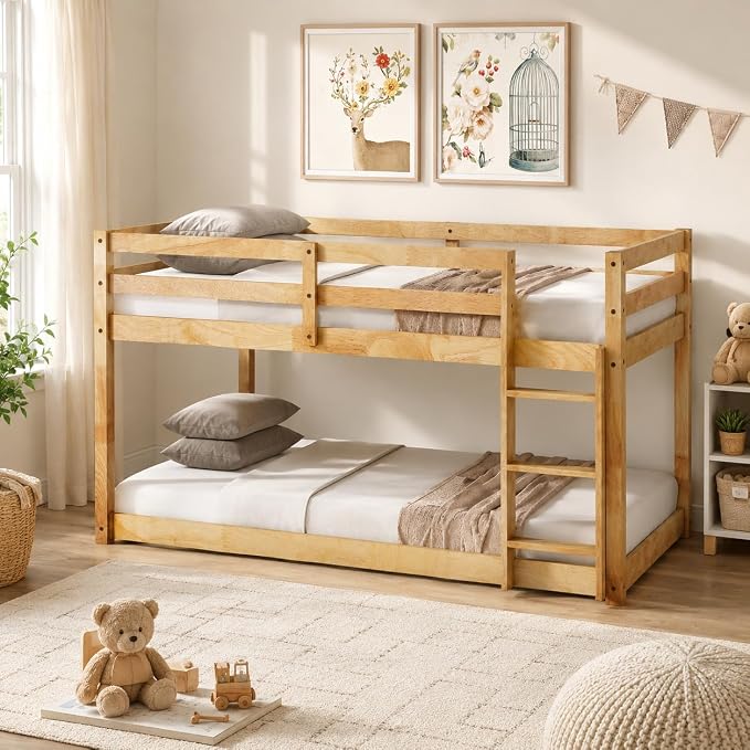 Twin Over Twin Bunk Bed, Low Profile Wooden Frame for Kids Bedroom, Floor Bunk with Ladder and Guardrails, Rubber Wood Construction, 13 Plywood Slats, No Box Spring Needed (Natural)