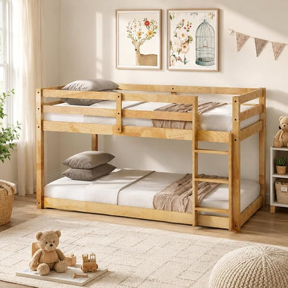 Twin Over Twin Bunk Bed, Low Profile Wooden Frame for Kids Bedroom, Floor Bunk with Ladder and Guardrails, Rubber Wood Construction, 13 Plywood Slats, No Box Spring Needed (Natural)
