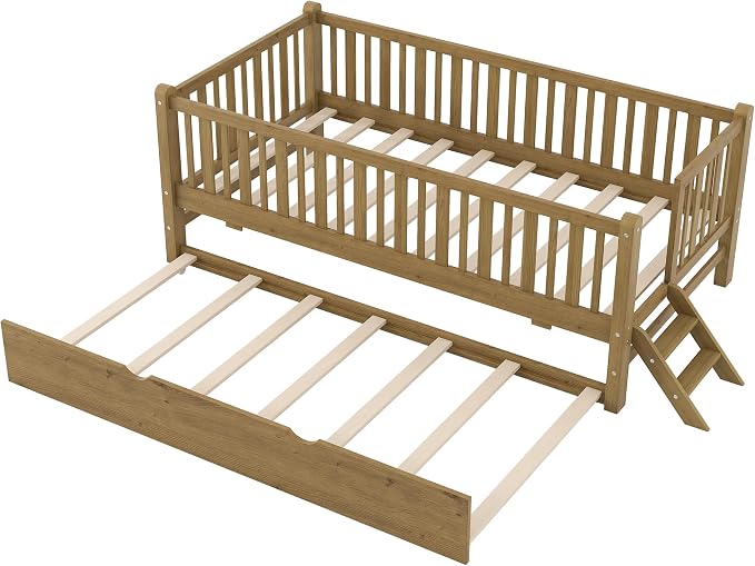 Merax Wood Twin Size Platform Bed with Guardrail and Trundle, Kids Bed Frame with Stairs, Walnut