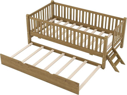 Merax Wood Twin Size Platform Bed with Guardrail and Trundle, Kids Bed Frame with Stairs, Walnut