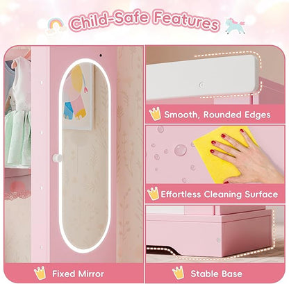 Xilingol Kids Armoire with Jewelry Cabinet, Dress up Storage with Mirror, Princess Dress Closet and Costumes Wardrobe Closet, Costume Organizer for Bedroom, Kids Room, Girls (Pink)