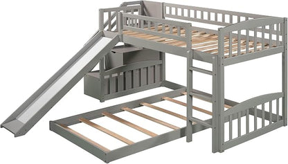 Ball & Cast Twin Over Twin Size Bunk Bed with Two Drawers and Slide,Wood Bunkbed w/Full-Length Guardrails & Storage Ladder,Space Saving,Slat Support,Bedframe for Child's Bedroom,Gray