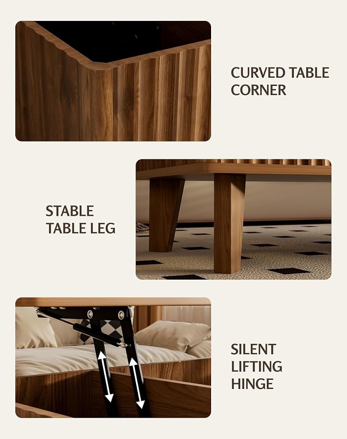Rectangular Lift Top Coffee Table with Storage, Wood Fluted Modern Living Room Center Table for Home Office, Walnut