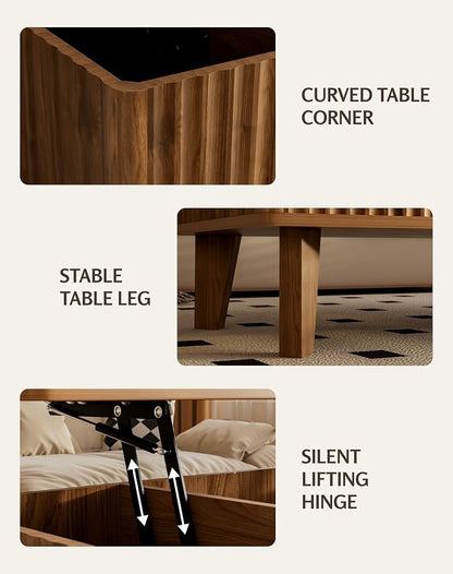 Rectangular Lift Top Coffee Table with Storage, Wood Fluted Modern Living Room Center Table for Home Office, Walnut