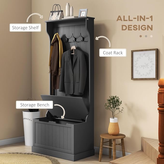 HOMCOM Hall Tree with Bench and Shoe Storage, 3-in-1 Entryway Bench with Coat Rack, 4 Hooks and Flip Top Storage Compartment, Black
