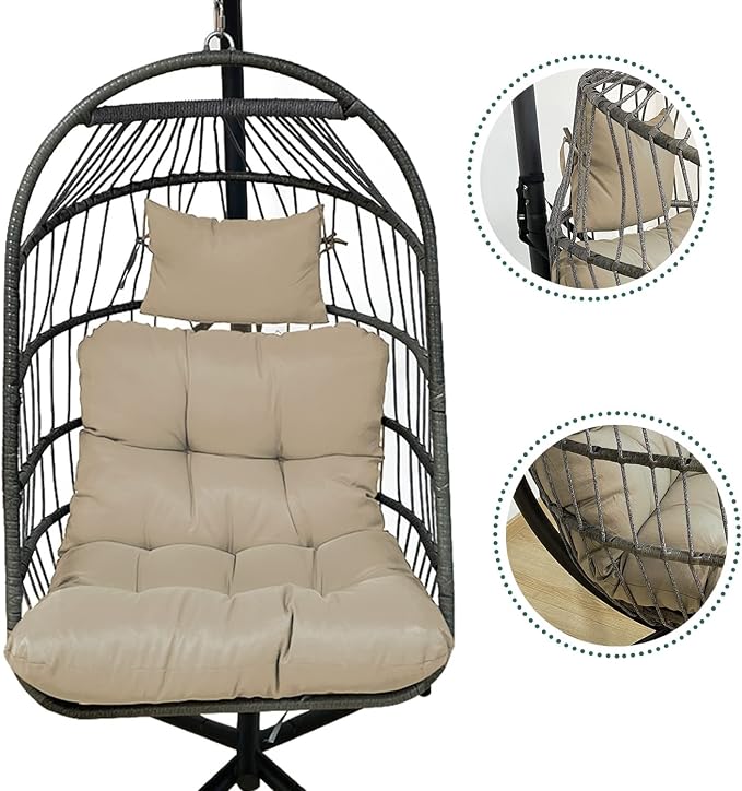 Enipate Outdoor Hanging Egg Chair Cushion, Water-Resistant Tufted Swing Basket Chairs Cushion Pads with Headrest Pillow