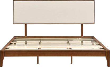 Merax King Size Bamboo Platform Bed, Mid-Century Modern Bed Frame with Upholstered Adjustable Headboard, Wood Slat Support, No Box Spring Needed, Easy Tool-Free Assembly, Brown+Beige