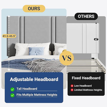 Allewie Queen Platform Bed Frame with Adjustable Headboard, Plush Velvet Upholstered, Vertical Channel Tufted, Sturdy Wooden Slats, No Box Spring Needed, Easy Assembly, Grey