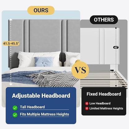 Allewie Full Size Platform Bed Frame with Adjustable Headboard, Plush Velvet Upholstered, Vertical Channel Tufted, Sturdy Wooden Slats, No Box Spring Needed, Easy Assembly, Grey
