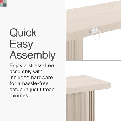 Stead Fluted Console Table – Weathered White Solid Wood Entryway Table with Oak Grain Veneer, Curved Base & Adjustable Feet – Modern Farmhouse Fluted Console Table for Hallway or Living Room.