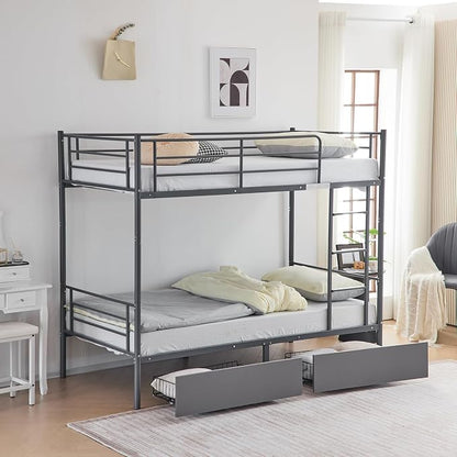 Karl home Grey Bunk Bed Twin Over Twin with 2 Storage Drawers, Metal Bunk Bed with Built-in Ladder and Safety Guardrail, Space-Saving Twin Bunk Beds for Kids, Teens & Adults, No Box Spring Needed
