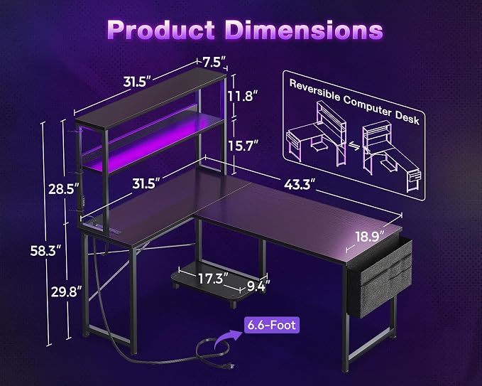 ODK 43 Inch L Shaped Desk with LED Lighting, Reversible Gaming Desk with Power Outlets, Cornor Computer Table with Storage Shelves & Bag & Iron Hook, Home Office Table for Writing, Study, Black